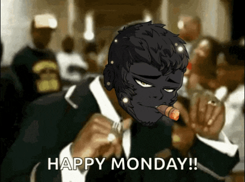 a man smoking a cigar with the words happy monday written below him