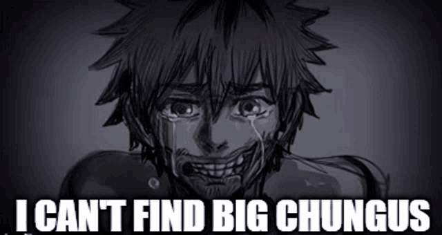 a black and white drawing of a man crying with the words `` i can t find big chungus ''