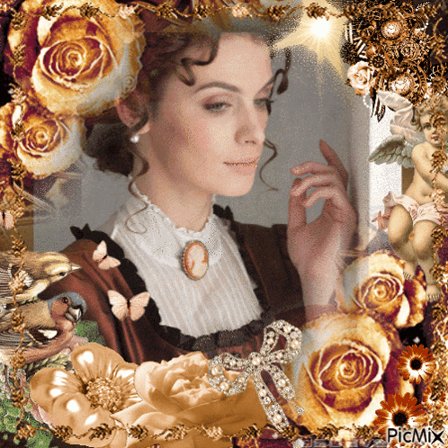 a picture of a woman surrounded by flowers has picmix written in the corner