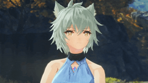 a video game character with a blue top and white hair