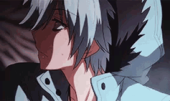 a close up of a person 's face with white hair and a black jacket .