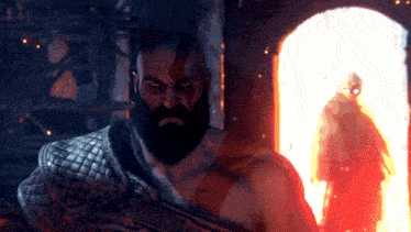 a man with a beard is standing in front of a door
