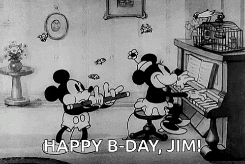 a black and white cartoon of mickey mouse and minnie mouse celebrating their birthday .