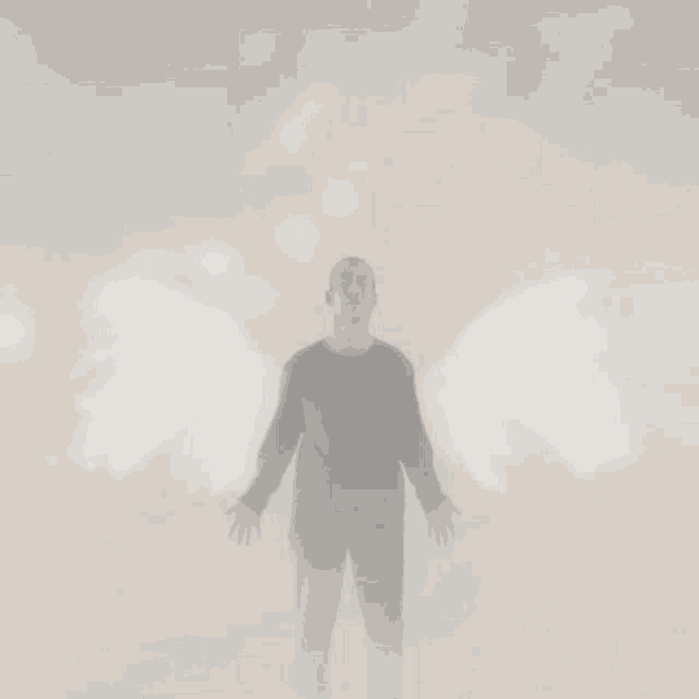 a man with angel wings stands in the clouds with his arms outstretched