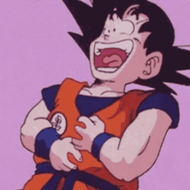 goku from dragon ball z is laughing with his mouth open .