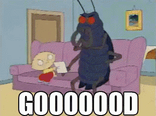 a cartoon of a cockroach standing next to a boy on a couch with the words gooooood written underneath it