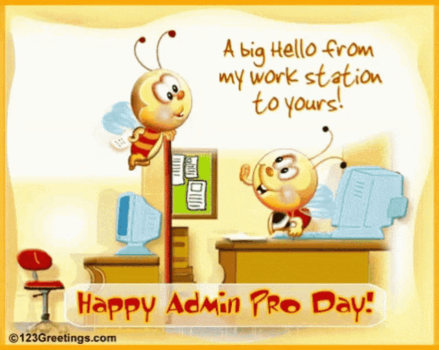 a happy admin pro day greeting card with two cartoon bees