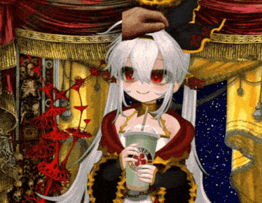 a girl with white hair and red eyes is holding a cup with a straw that says venus