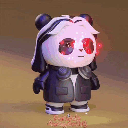 a panda bear wearing headphones and a jacket with the words " panda 's awakening " written on the bottom