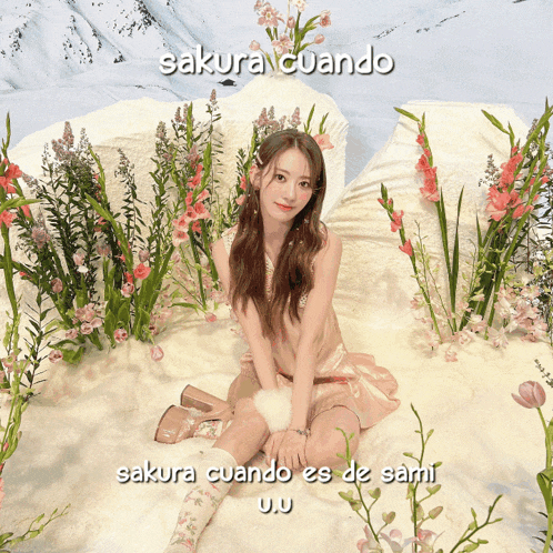 a picture of a girl surrounded by flowers with the words sakura cuando on the bottom