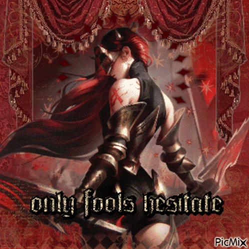a picture of a woman holding a sword with the words only fools rest in the background