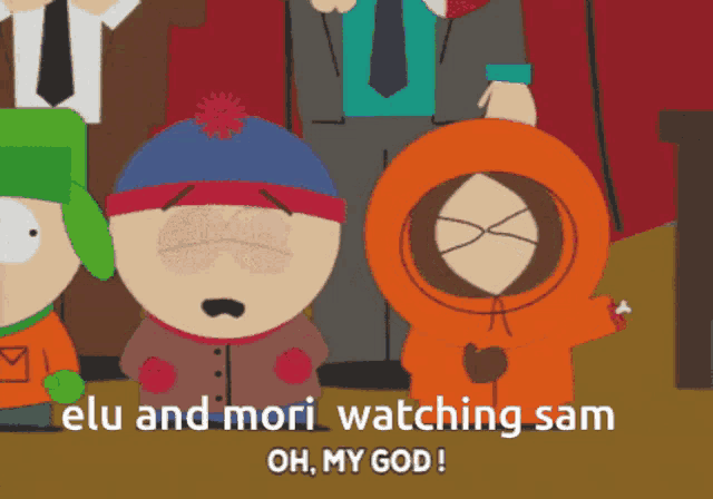 elu and mori watching sam oh my god on a cartoon