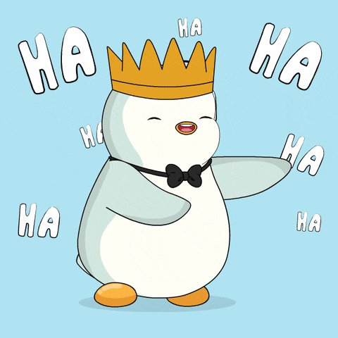 a cartoon of a penguin wearing a crown laughing with ha ha ha ha ha