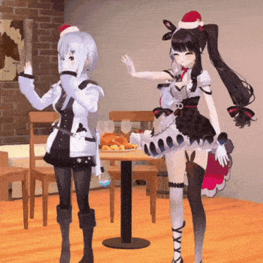 two anime girls standing next to a table with a turkey on it