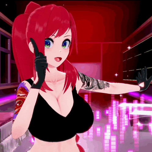 a red haired anime girl with a tattoo on her arm is giving a thumbs up