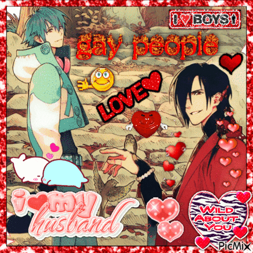 a picture of two anime characters with hearts and the words " gay people love "