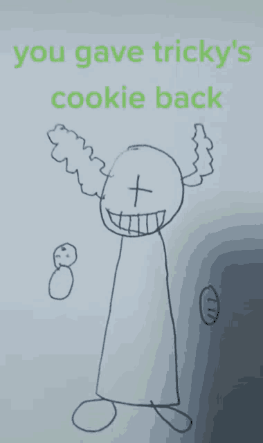 a drawing of tricky the clown with the words you gave tricky 's cookie back below it