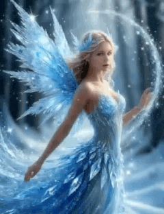 a fairy in a blue dress with blue wings is standing in the snow in a forest .