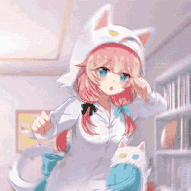 a girl with pink hair and blue eyes is wearing a cat hat and giving a fist bump .