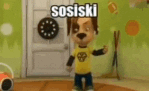 a cartoon dog is standing in front of a door and giving a thumbs up in a room .