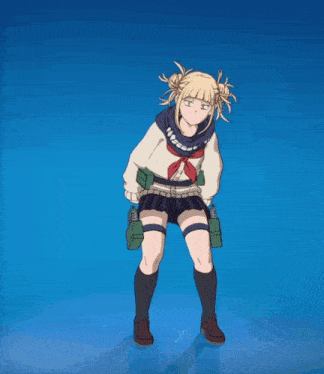 a girl in a sailor uniform is standing on a blue surface