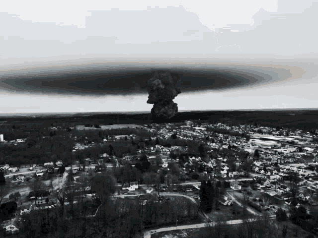 an aerial view of a small town with a large explosion in the distance