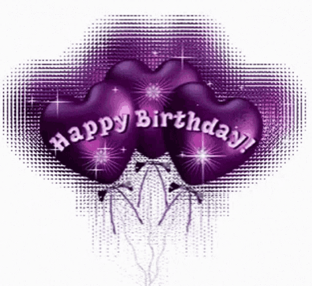 three purple heart shaped balloons with the words `` happy birthday '' written on them
