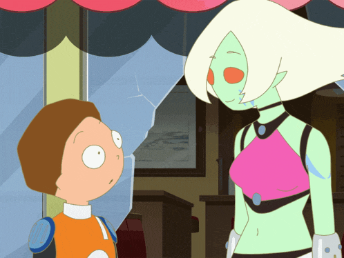 two cartoon characters are standing next to each other