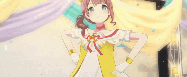 a girl in a white dress with a yellow flower on her head