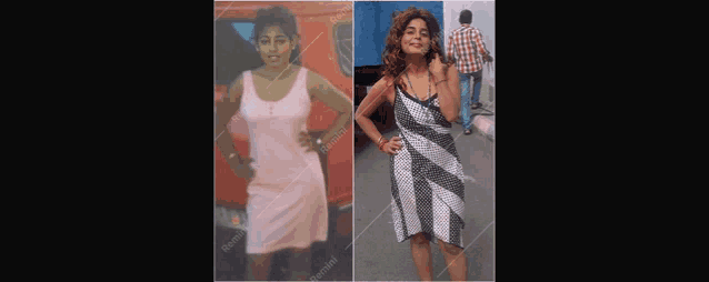 a woman in a pink dress and a woman in a black and white striped dress