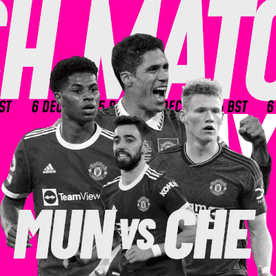 four soccer players are on a pink background with the words mun vs che