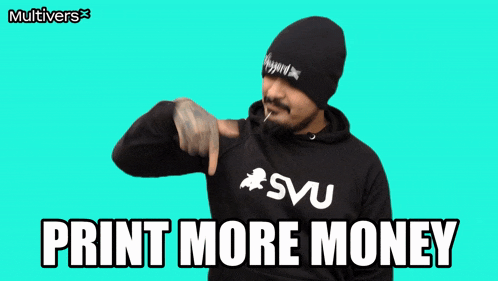 a man wearing a hoodie that says " print more money " on it