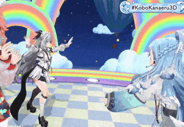 a group of anime girls are dancing in front of a rainbow