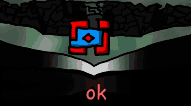 a cartoon drawing of a red and blue cube with the word ok underneath it