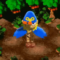 a cartoon character wearing a blue hat with the letter s on it