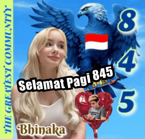 a picture of a woman with a blue eagle and the words selamat pagi 845 on it