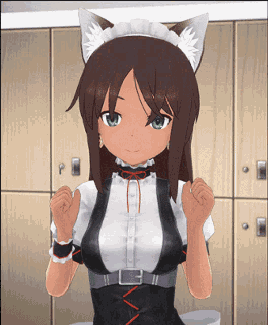 a girl with cat ears on her head stands in front of a row of lockers