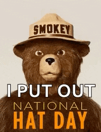 a teddy bear is wearing a smokey hat and says i put out national hat day