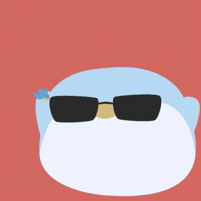 a cartoon penguin wearing sunglasses has a red and blue feather on its head