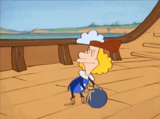 a cartoon pirate ship is floating in the ocean with the letter m on the side
