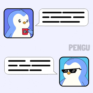 a penguin wearing sunglasses and holding a cup of coffee is talking to another penguin