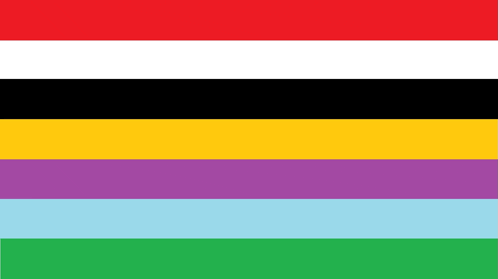 a flag with a red , white , black , yellow , purple , and blue stripes .