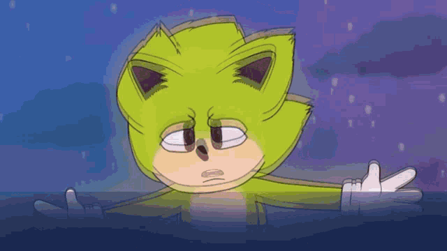a cartoon drawing of a green sonic the hedgehog floating in the water