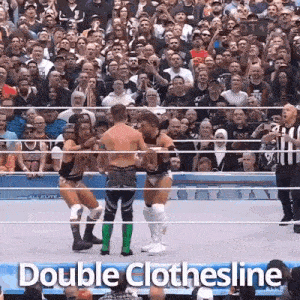 a group of wrestlers in a wrestling ring with the words double clothesline above them