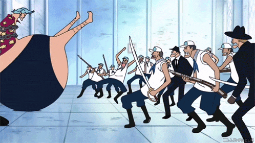 a group of men are holding swords in a cartoon with the words miller fleur on the bottom right
