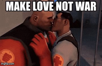 a couple of men kissing with the words make love not war below them