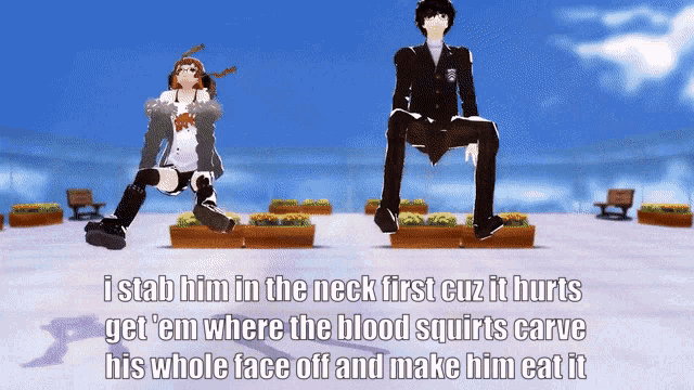 a cartoon of a man and a woman with a caption that says i stab him in the neck first