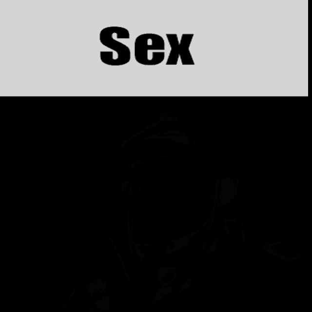 the word sex is on a white background next to a black object