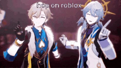 two anime characters are dancing with the words hop on roblox on the bottom