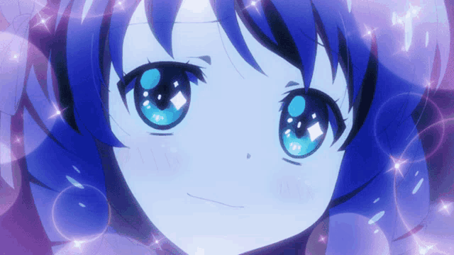 a close up of a blue haired anime girl with blue eyes